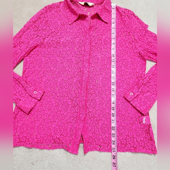 LIC Curvy Collection Hot Pink Lace Button Front Blouse Shirt PLUS XXL Stretch - Picture 9 of 13